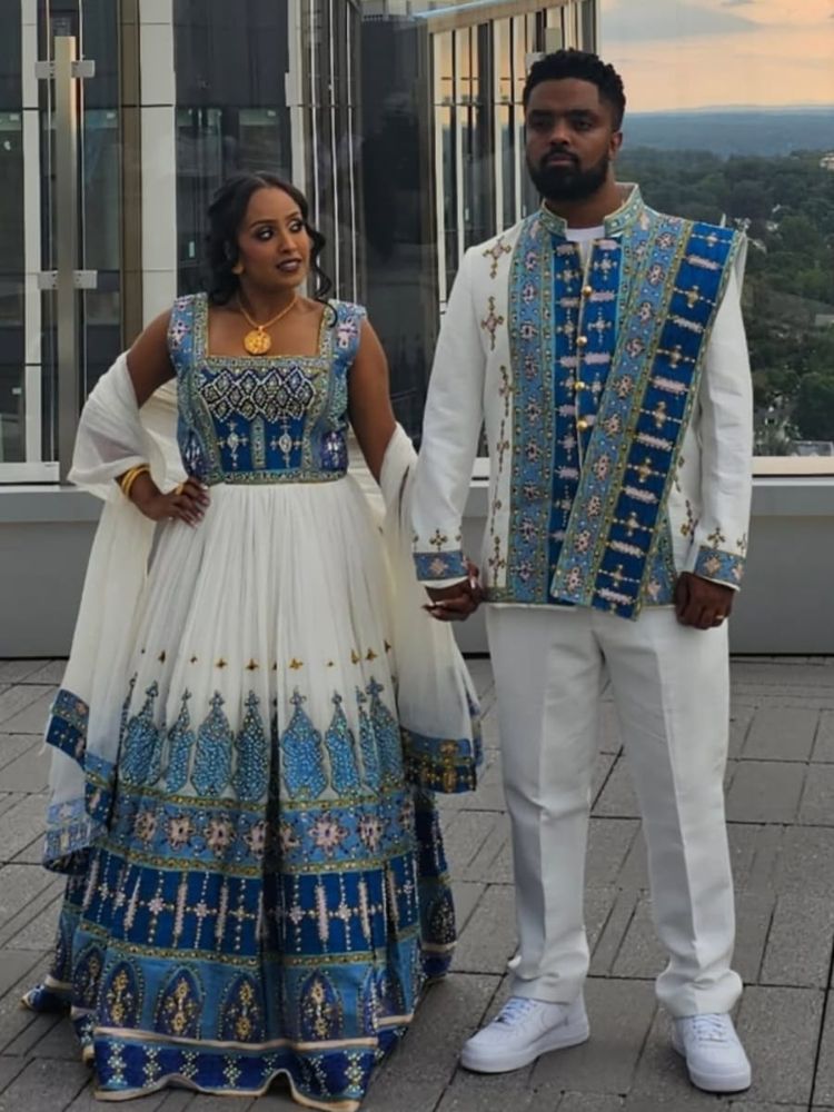 Handmade Ethiopian/Eritrean Couple Clothing Set: Traditional Kemis & Men's Attire 004