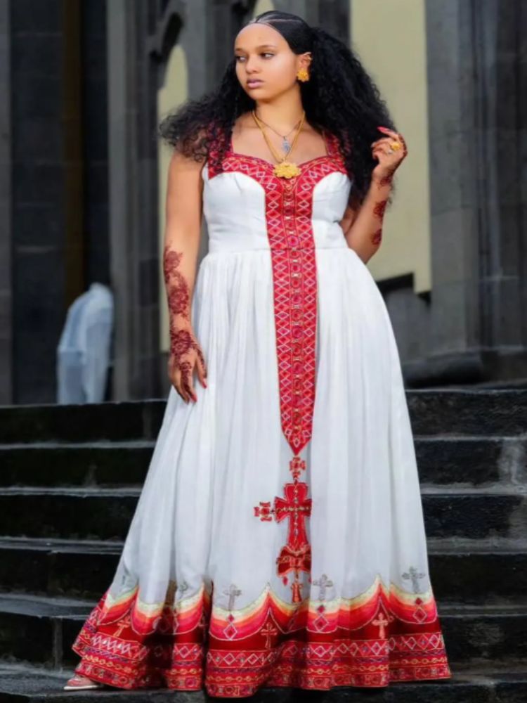 modern ethiopian dresses Eritrean/Ethiopian Dress | Habesha Kemis In White Size:597mm LowStock:43309671153715 A breathtaking combination of Women's Summer A-Line Midi