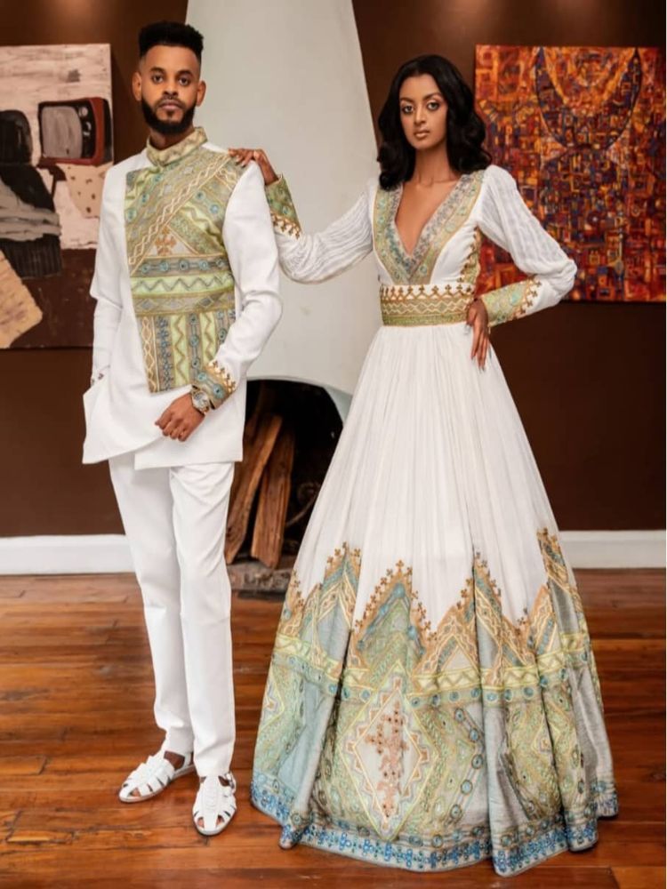 Handmade Ethiopian/Eritrean Couple Clothing Set: Traditional Kemis & Men's Attire