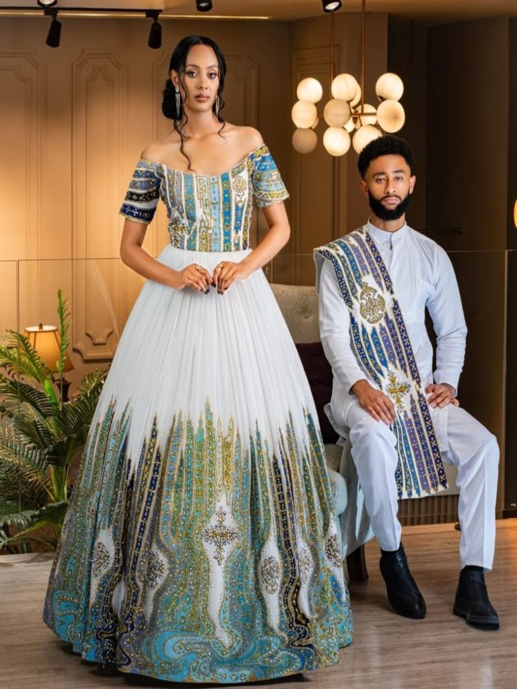 Handmade Ethiopian Couple Clothing Set: Traditional Kemis & Men's Attire 006