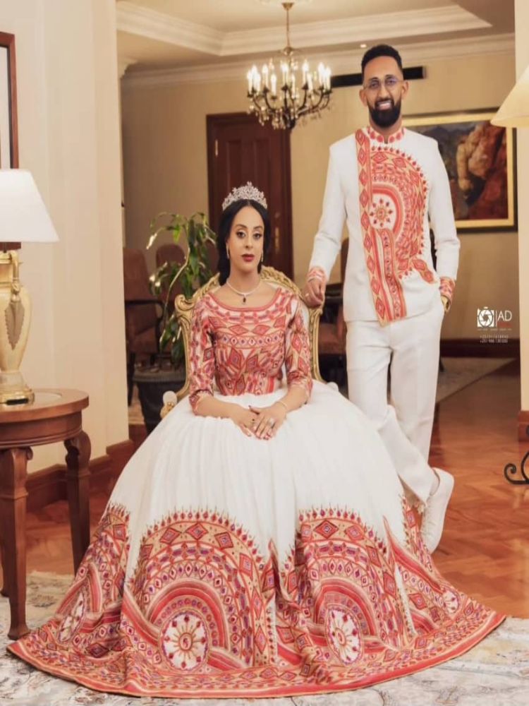 Handmade Ethiopian/Eritrean Couple Clothing Set: Traditional Kemis & Men's Attire