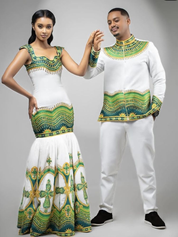 Handmade Ethiopian Couple Clothing Set: Traditional Kemis & Men's Attire 007