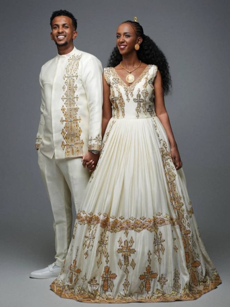 Handmade Ethiopian Couple Clothing Set: Traditional Kemis & Men's Attire 008