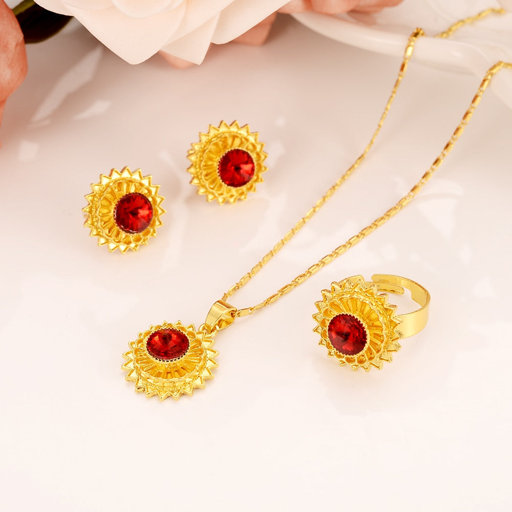 i New Gold red rainstone Jewelry Wedding set